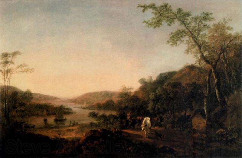 Thomas Gainsborough An Extensive River Landscape with Cattle and a Drover and Sailing Boats in the distance Spain oil painting art